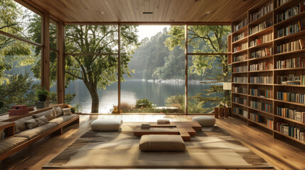 Lake water bookshelf background interior home office library study with window views of trees for teams backdrop. Bookshelves in contemporary room. Online virtual presentation meeting room background.