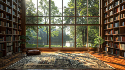 scenic bookshelf background of interior home office library study with window views of trees with water lake scenery. Bookshelves in room. Online virtual presentation teams meeting room background.