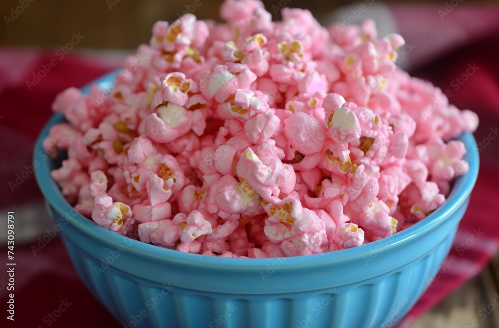 Pink popcorn in blue bowl Pink popcorn in blue bowl