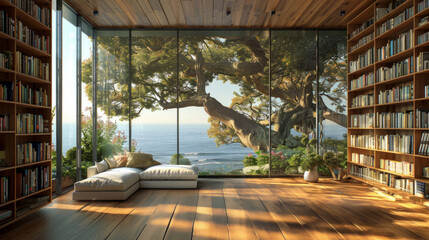 ocean bookshelf background interior retirement home office library study with window views of trees and beach scenery backdrop. Bookshelves in room. Online virtual presentation meeting room