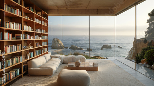 ocean bookshelf background of interior retirement home office library study with window views of trees with beach scenery bookshelves backdrop. Online virtual presentation meeting room background