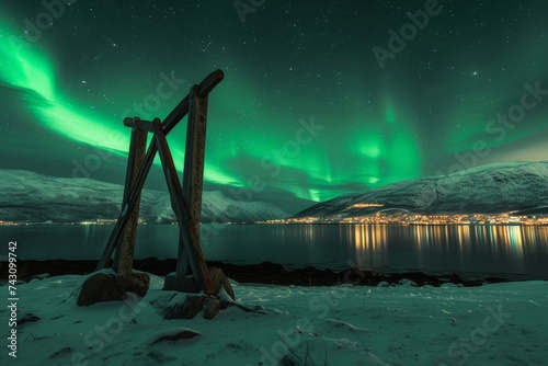 Majestic Northern Lights (Aurora Borealis) Over Tromso Cityscape in Winter © bomoge.pl