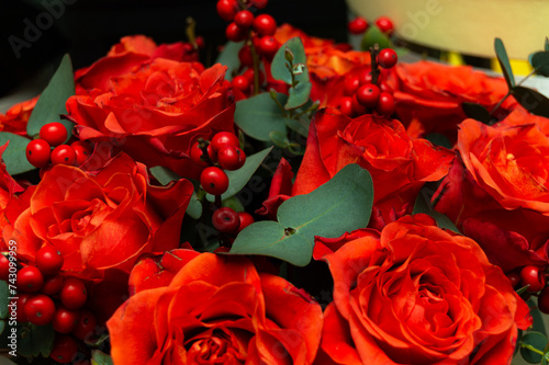 Macro of red and orange roses with red berries on a blurred background. The concept of love. Women's day