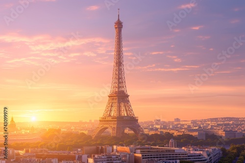Sunset Glow Over the Eiffel Tower in Paris, France