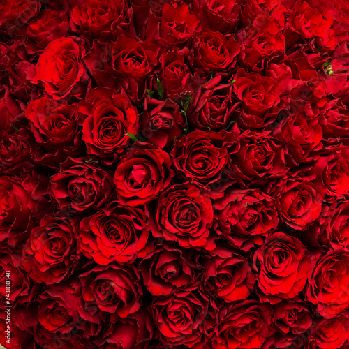 A square background of red roses. Top view, texture. Women's day.