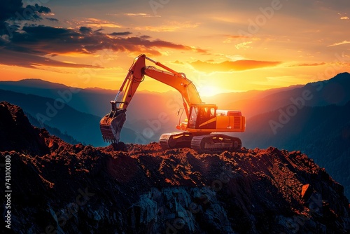 A Powerful Excavator Stands Among Pine Trees, Shaping the Land as the Day Comes to an End, Generative AI photo