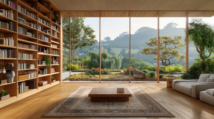 Scenic bookshelf interior retirement home office library study with window views trees and garden hill scenery teams backdrop. Bookshelves in room. Online presentation meeting room background