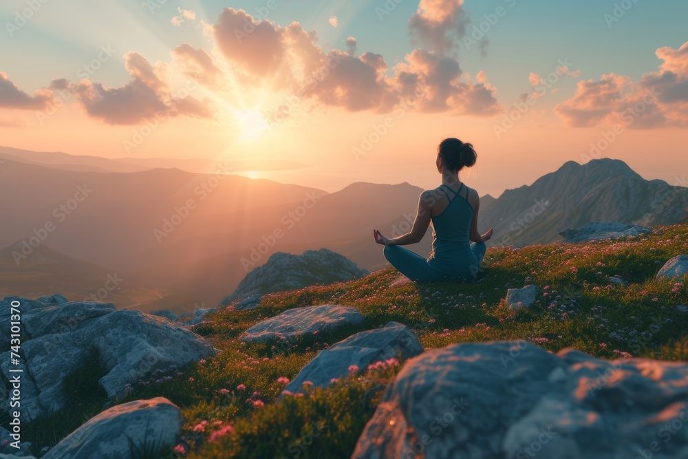 Serene Woman Practicing Meditation on a Mountain Top at Sunset