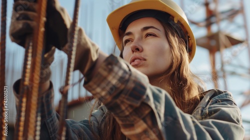 Confident Woman Adjusting Construction - A young engineer in a hard hat adjusting scaffolding at a construction site, representing women's empowerment in engineering photo