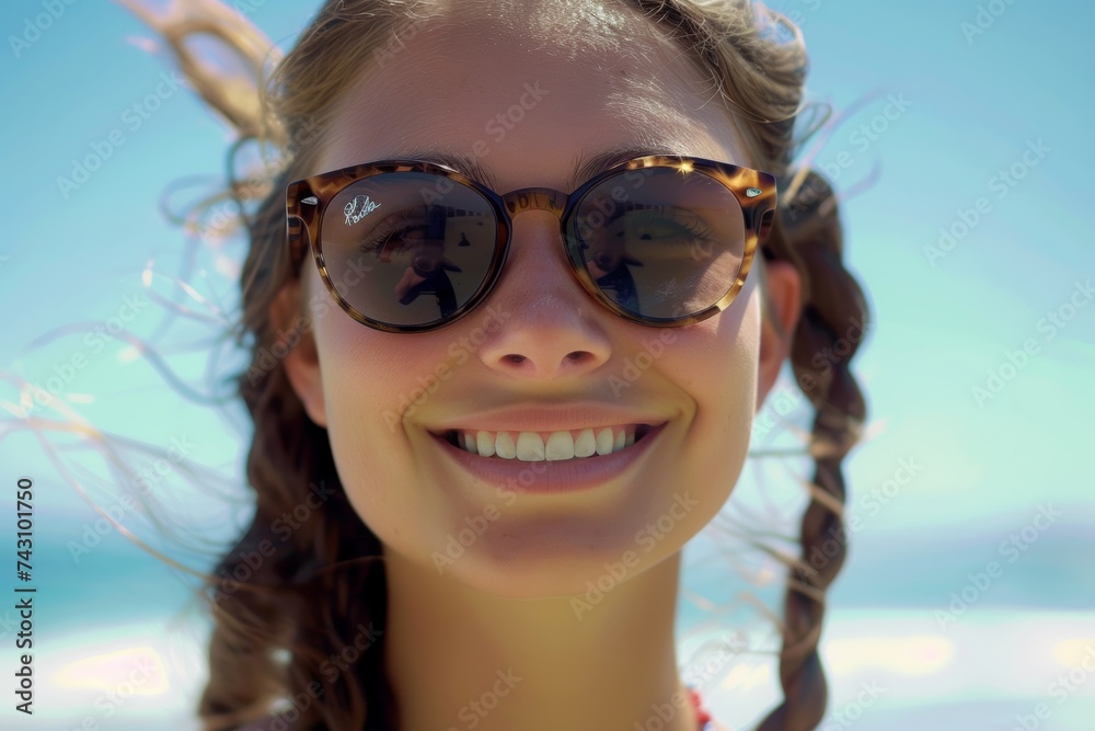 Joyful Young Woman Enjoying a Sunny Day with Sunglasses and Wind-Tousled Braids by the Sea