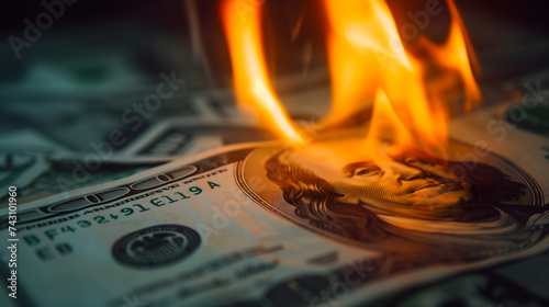Des billets de cent dollars américains en train de brûler. Concept de l'inflation. photo