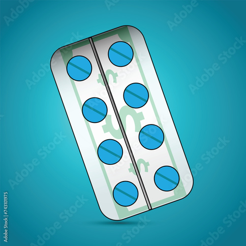 Blisters with blue pills and with dollar banknote symbol