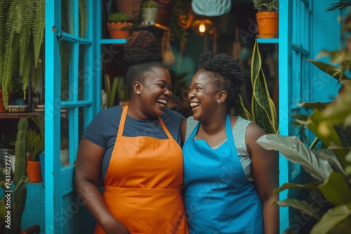 Joyful African-American Shop Owner and Employee Enjoying Conversation at Storefront