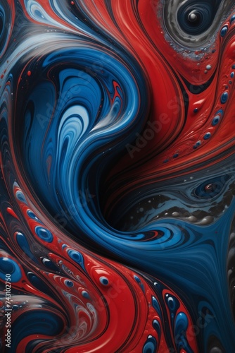 A close-up of swirling red, white, and blue paint forming an abstract pattern.