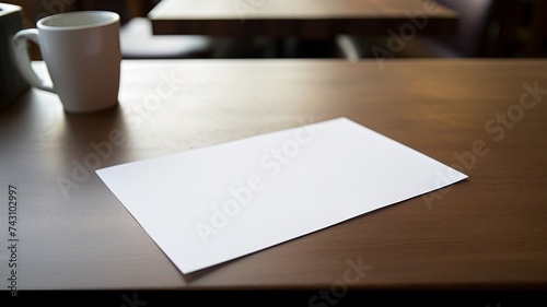 Empty white sheet of paper on a wooden dining table with a coffee cup
