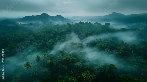 fog in the mountains 3d image, Arafed view of a lush green forest with a waterfall © Imran