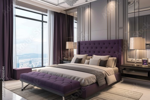 Modern luxury bedroom interior with double bed in lavander tones and panoramic city views © Tetyana
