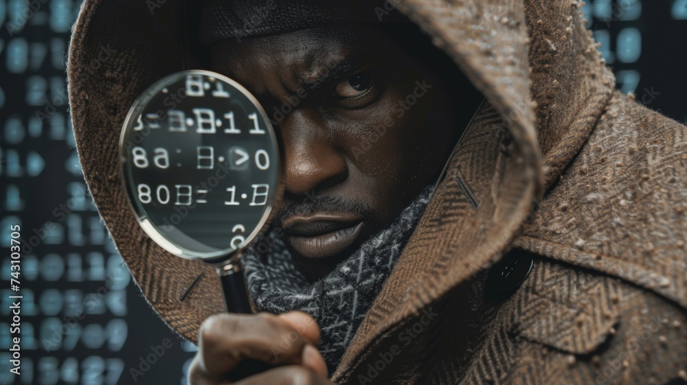 A curious man scrutinizes a street sign with a magnifying glass, searching for hidden meaning in the chaotic world around him A curious man scrutinizes a street sign with a magnifying glass, searching for hidden meaning in the chaotic world around him