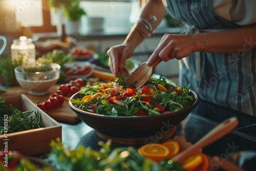 Woman Preparing a Healthy Superfood Salad with Fresh Vegetables in a Bright Kitchen