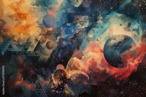 A dreamy universe where geometric patterns form the backbone of surreal imagination stretching beyond known galaxies