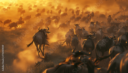 Huge Wildebeest animals herd running crossing African dusty savanna. Call of Nature - the Great Mammal 's Migration. Beauty in Nature, power of wild animals and Eco concept image. photo