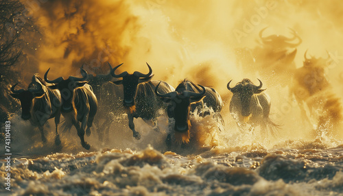 Call of Nature - the Great Wildebeest Migration. Mammal animals big herd running crossing African river waters. Beauty in Nature, cute wild animals and Eco concept image. © Soloviova Liudmyla