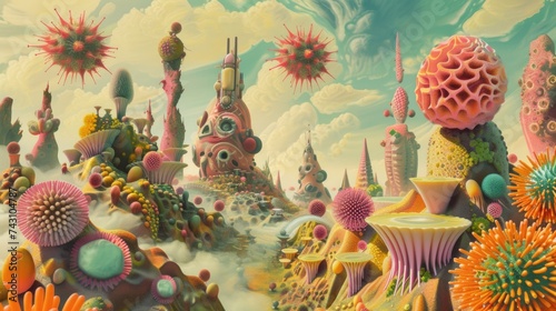 Dreamy universes emerge from geometric bases painting surreal vistas that stretch beyond the known filled with isometric marvels and bacterial ecosystems