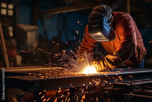 A welder works with a medium-sized pipe. Close-up of professional welding of metal. Blue light in the foreground.