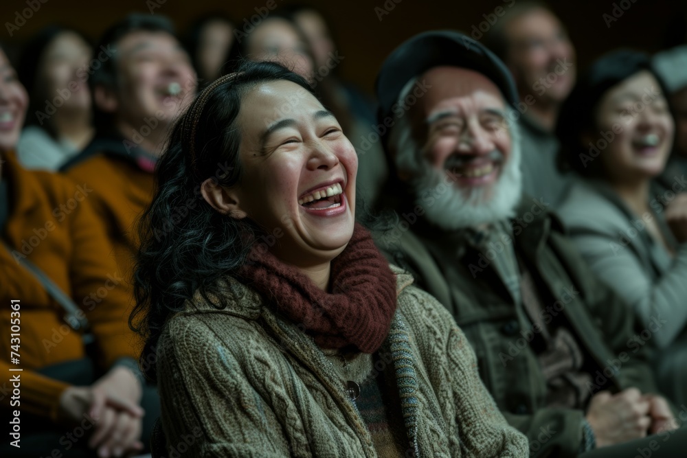 Multiracial Audience Expressing Joy and Laughter at a Comedy Show in an Amateur Theater Multiracial Audience Expressing Joy and Laughter at a Comedy Show in an Amateur Theater