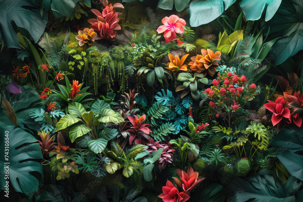 tropical garden background with flowers and plants