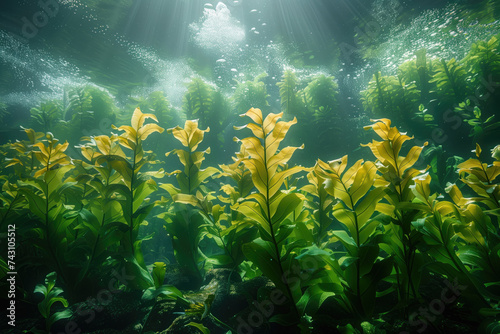 Green algae in the deep tropical sea. Underwater scene with sunlight