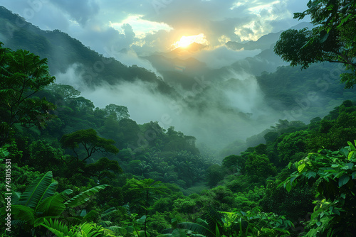 morning sunrise over the cloud forest in misty mountains