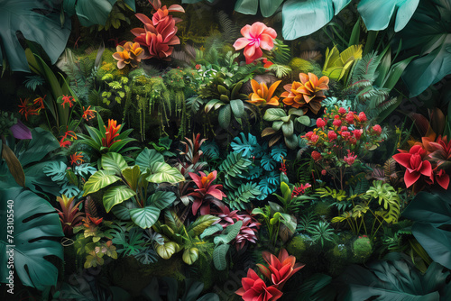 tropical garden background with flowers and plants