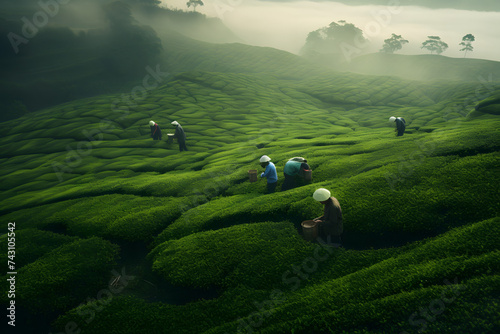 People working on Tea Farm, harvesting fresh tea, process of farming greentea, black tea, chinese tea, japanese tea culture