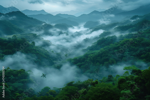 rainy weather over the cloud forest in misty mountains photo