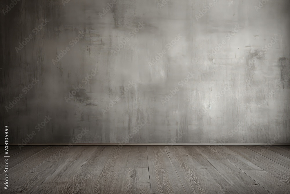 Mock up of a pewter grey concrete wall background with wood flooring. Empty room