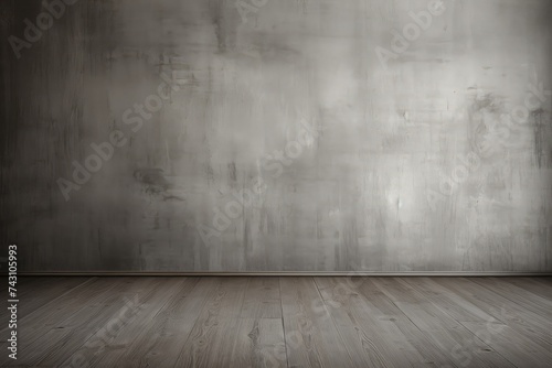 Mock up of a pewter grey concrete wall background with wood flooring. Empty room