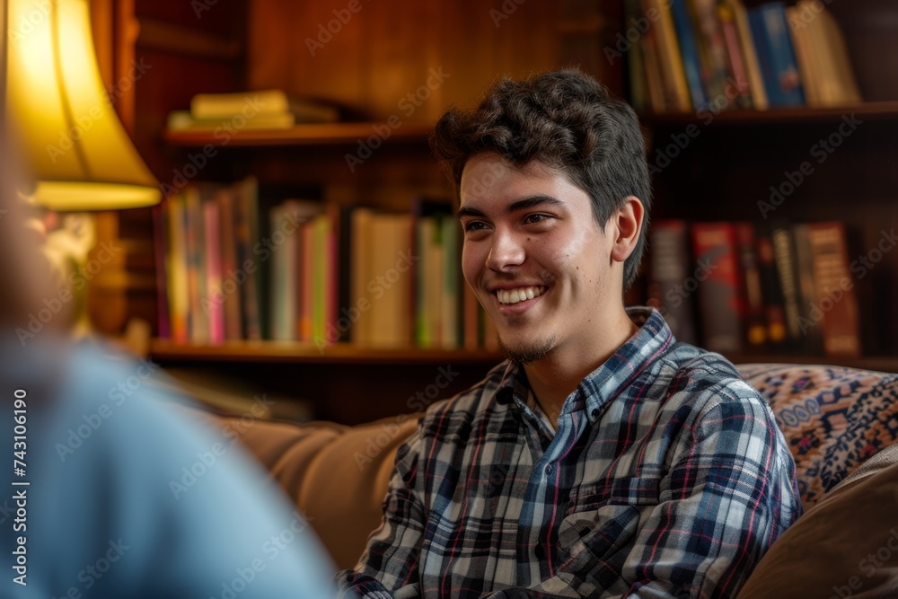 Young Man Having a Conversation with a Therapist in a Cozy Counseling Room Young Man Having a Conversation with a Therapist in a Cozy Counseling Room