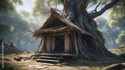 Ruined hut between the trunk and roots of a giant tree - Generative AI