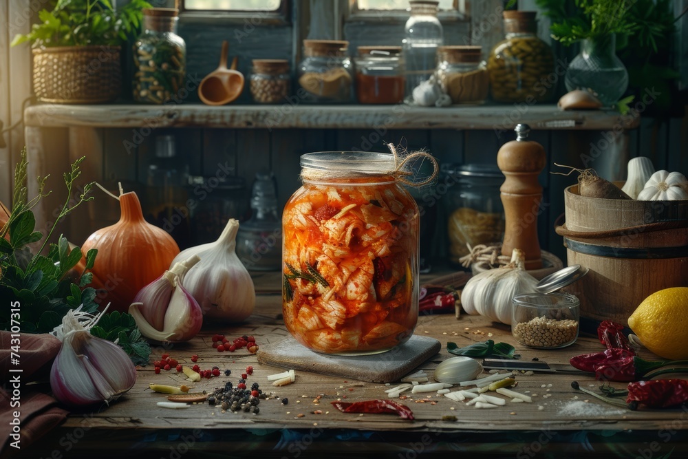 Homemade Kimchi in Glass Jar with Fresh Ingredients on Wooden Table