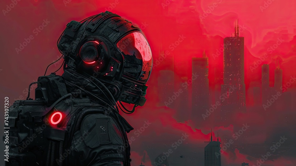 Futuristic soldier with red visor in a dystopian city Futuristic soldier with red visor in a dystopian city