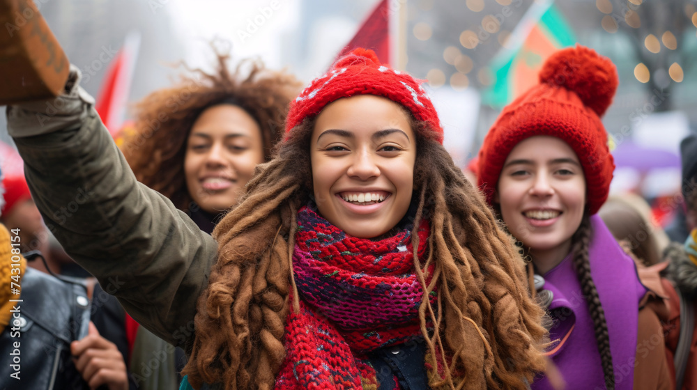 Beautiful smiling brave ladies in a protest wearing winter clothes Beautiful smiling brave ladies in a protest wearing winter clothes