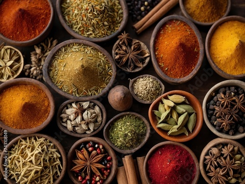Close-Up overhead view of an assorted arrangement of spices, Assorted spices and seeds, various spices, different herbs and spices. Assorted spices and seeds arrangement