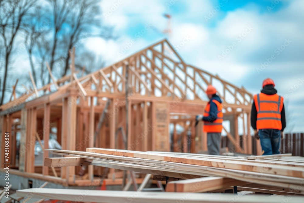 Construction Workers Collaborating on the Site of a New Wooden House Structure