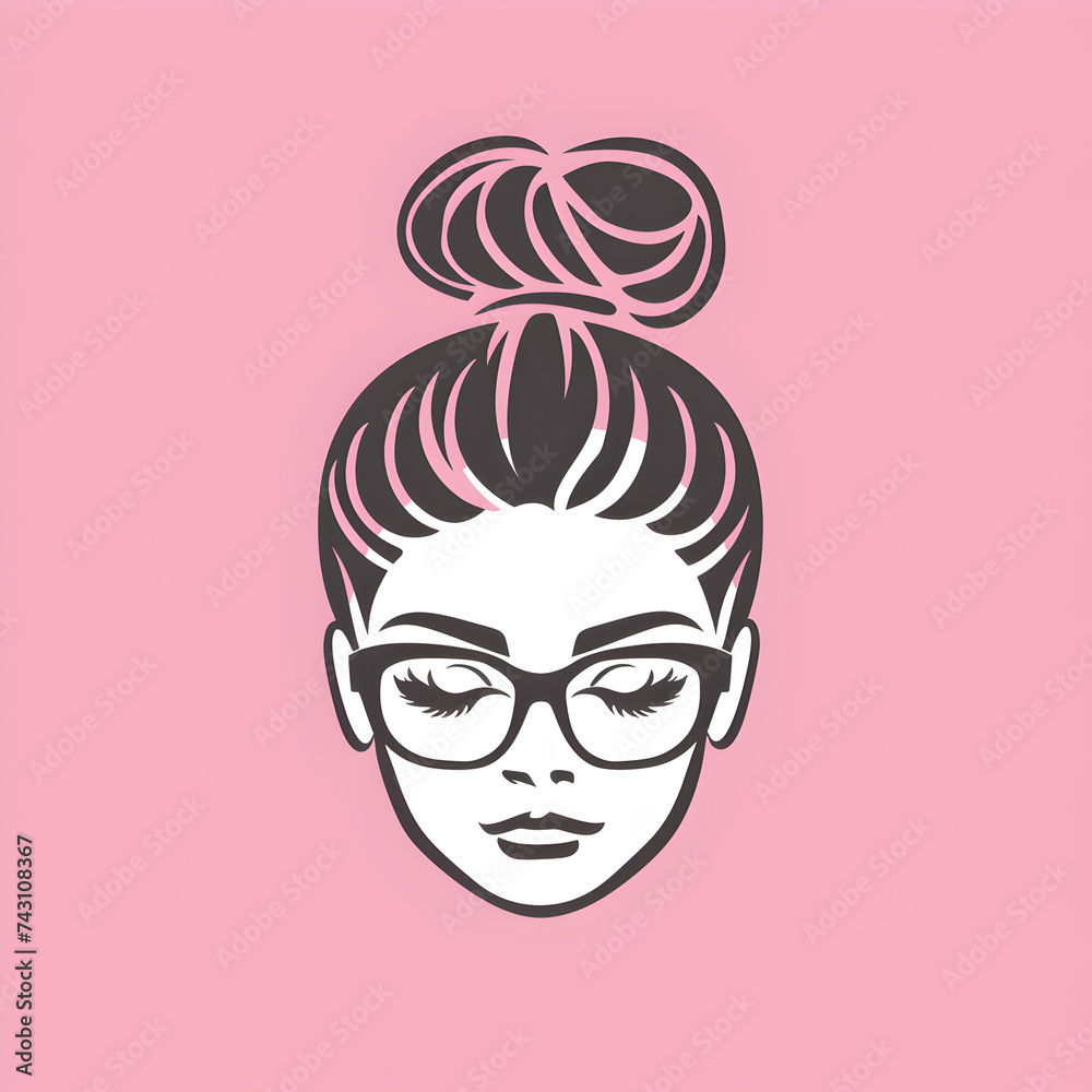 A logo illustration of a businesswoman with glasses and bun on pink background.