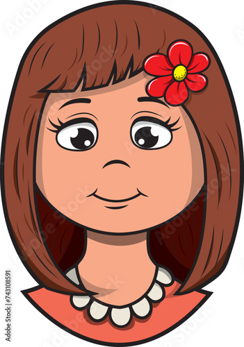 Rostro femenino en primer plano de mujer latina con una flor en la cabeza, ilustración vectorial estilo cartoon.