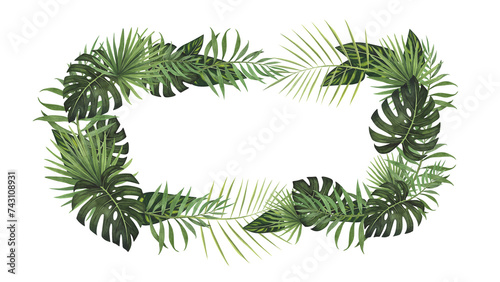 Wreath frame tropic leaf Monstera and palm watercolor isolated on white background. Watercolor hand drawn botanical illustration. Art design for packaging, template, poster, beauty, relaxation, spa
