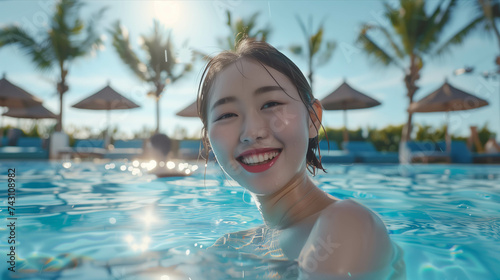 Asian woman playing in the resort swimming pool.