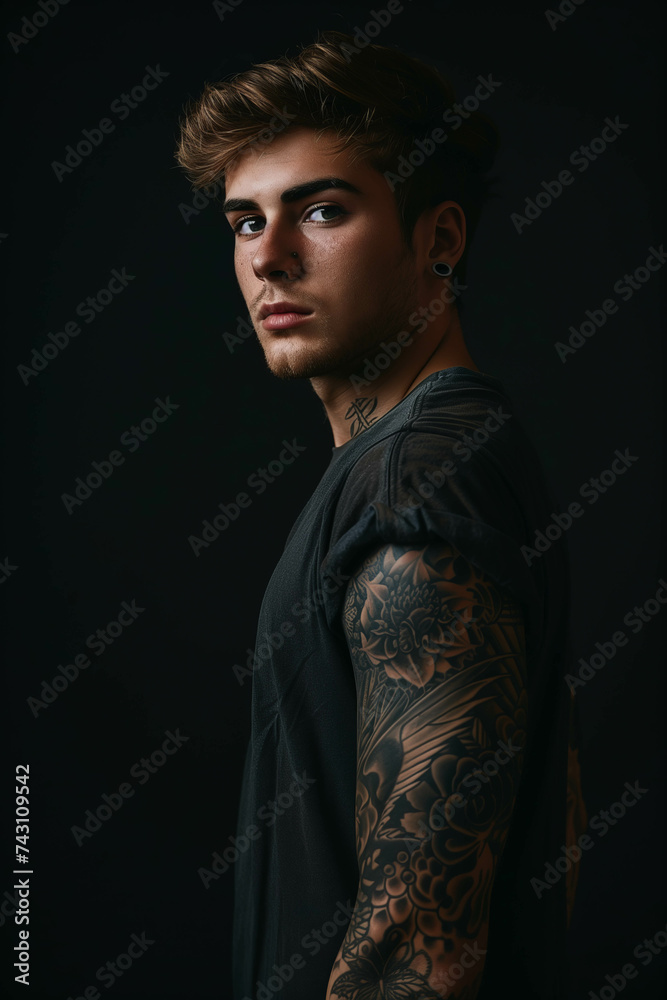 Caucasian man has tattoos on his body on black background.
