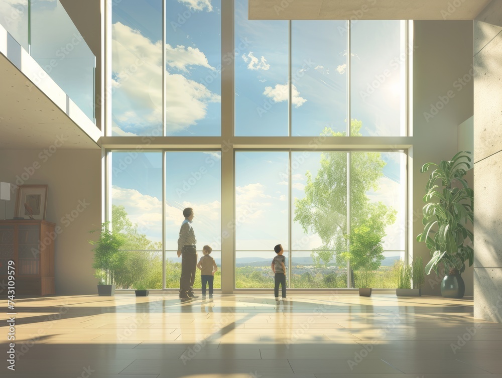 Prospective Homebuyers Evaluating a New House with a Senior Real Estate Agent in a Sunlit Spacious Room